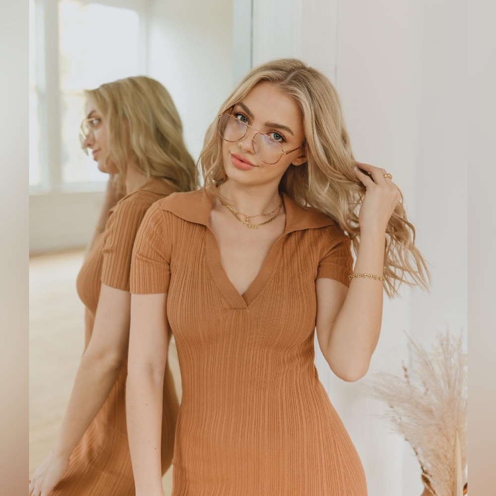 Revolves L’Academie Polo knit dress in Camel